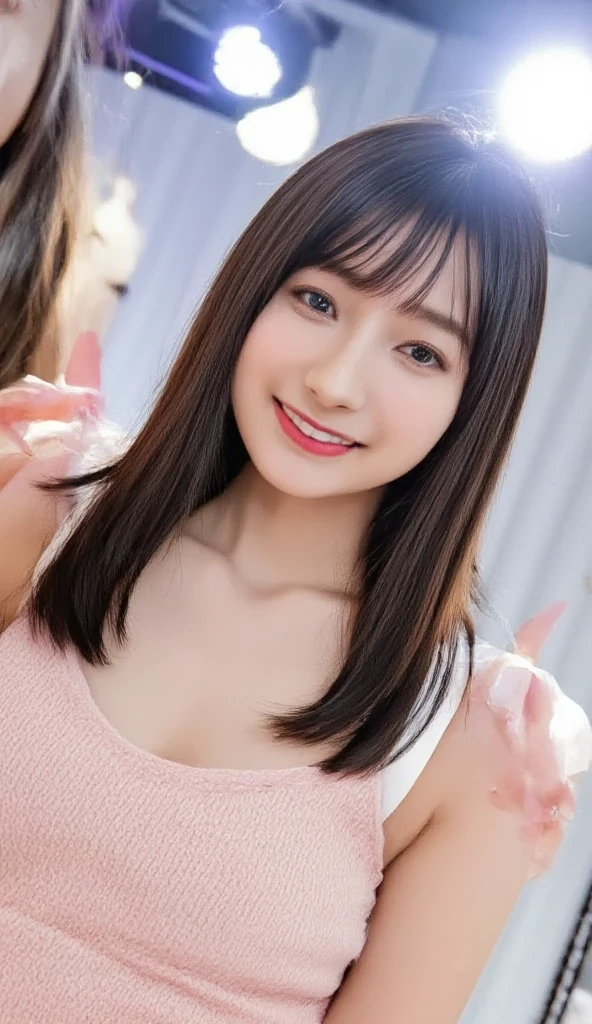 (Highest quality、8K、32k、masterpiece)、(Realistic)、(Realistic:1.2)、(High resolution)、Very detailed、Very beautiful face and eyes、1 Girl、Round and small face、Tight waist、Delicate body、(Highest quality、Attention to detail、Rich skin detail)、(Realistic、Realistic:1.37)、Bright colors、(((Chestnut Hair)))、(((Upper Body Shot)))、(((Medium Hair)))、(((Fair skin)))、(((White wall background)))、(((White wall background)))、(((smile)))、(((Teeth are visible)))、(((wear a pink tank top)))、(((Touch your chin with your right hand)))、(((Polka dot tank top)))、(((Making a peace sign)))