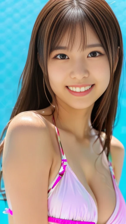 (masterpiece, highest quality), ((1 girl, (Women like Mio Imada) long hair), (beautiful eyes,), (open your mouth)), ( light smile, off shoulder), (abstract,),((Simple Bikini),full body portrait,looks fun