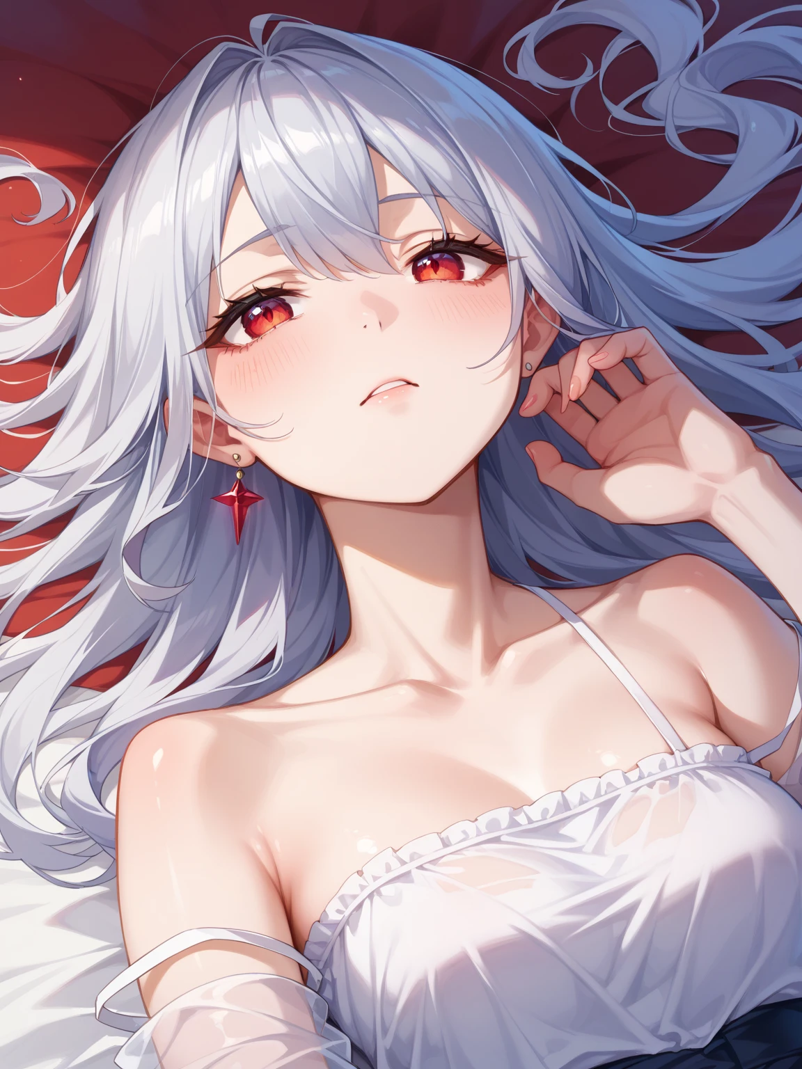 Teen Girl Characters。gray hair color、Glowing red eyes、Long Hair、There is a mole under the left eye。Without background、Depict only one person。Seaside、Swimsuit