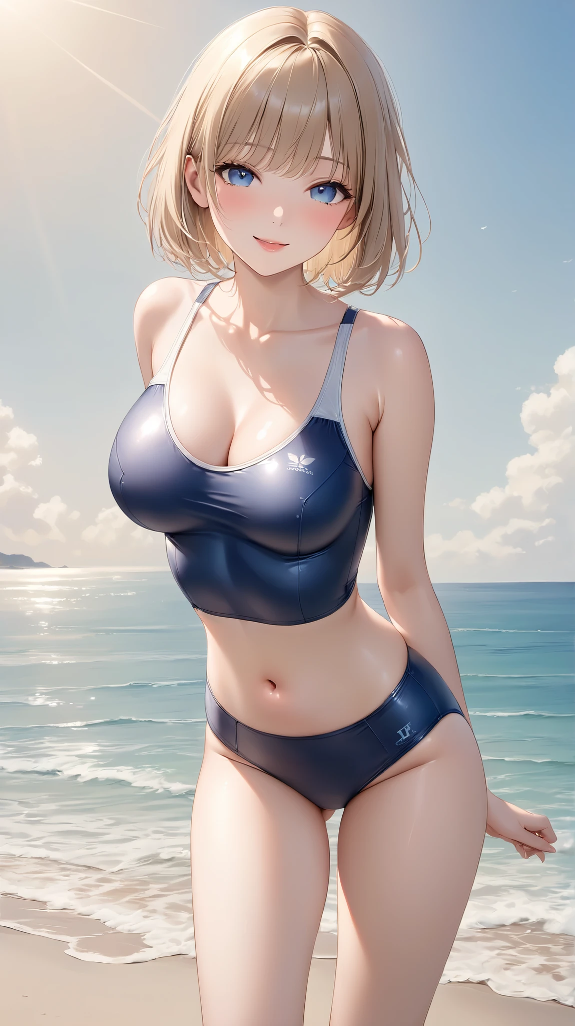 (((4K,masterpiece,best quality,ultra detailed,high resolution))),nsfw,(daytime,clear weather,front light),((solo)),looking viewer,(beautiful girl),(teenage),(black hair,medium hair),(beautiful detailed face,beautiful detailed eyes),(finely detailed skin,fair skin),(slender),light smile,shy,(blue swimsuits,slingshot swimsuites),(on the besutiful lake,beautiful sky),(arms behind back),(cowboy shot,from below), (beautiful gigantic breast,sagging breast,breasts out,big areolas),