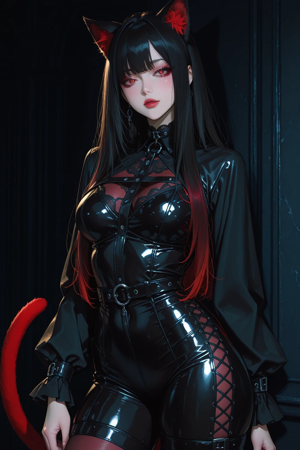 Aryana "Ary" Zhu has a striking and characteristic appearance. She looks 15 years old, despite his real age being 544 years. Your skin is pale, contrasting with his intense amber eyes. Your hair is wavy, with red highlights that highlight your presence even more. as a vampire, your eyes can turn black and your fangs extend, giving it an even more menacing appearance. Ary has a gothic and mysterious aesthetic, often wearing black and red clothing, corsets and leather jackets. She also likes accessories that complement her style., like pantyhose and jewelry with gothic details.