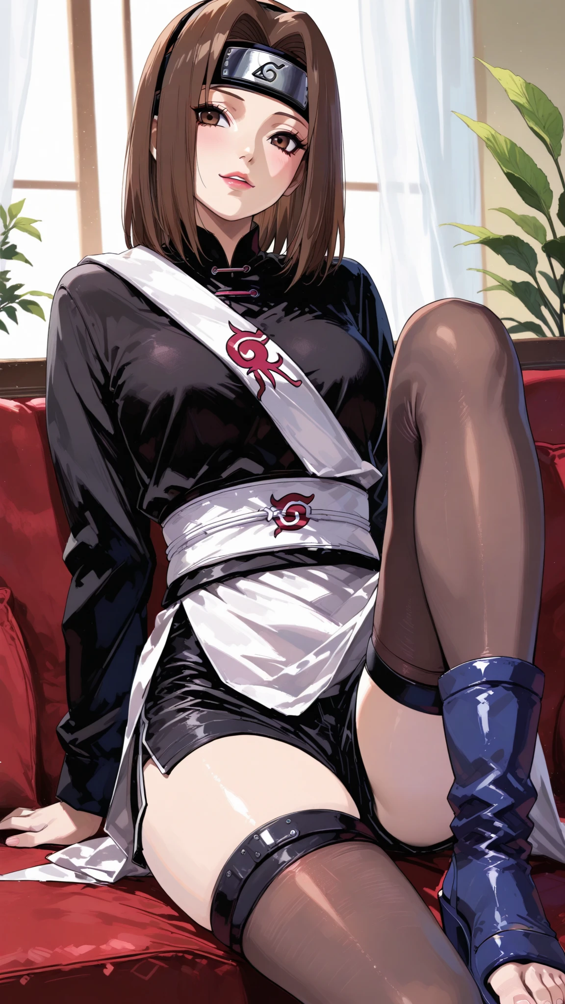 Yoruichi Shihouin, naughty girl, in the house, noon, sitting on a sofa, satisfied expression, 