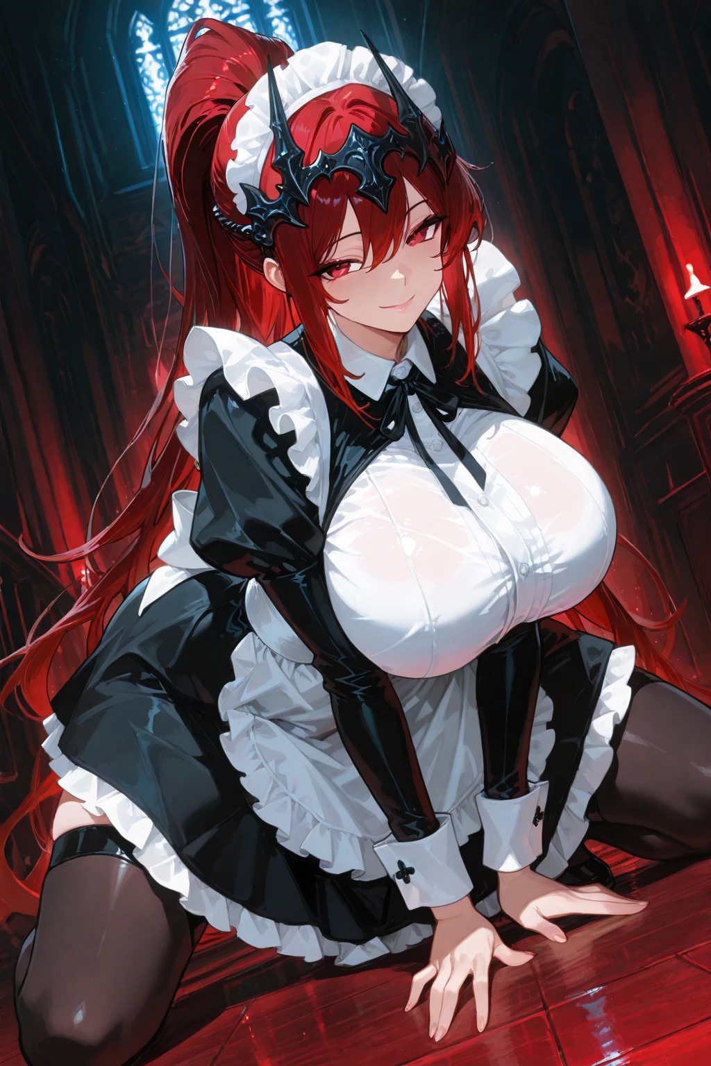 lupusregina_beta, 1girl, maid, upper body, braid, twin braids, yellow eyes, long hair, red hair, hat, choker,, (best quality:1.2), (ultra-detailed:1.2), masterpiece, 8k wallpapers, extremely detailed, mansion, <lora:Lupusregina Beta v1_1:0.75>, <lora:add_detail:0.55>