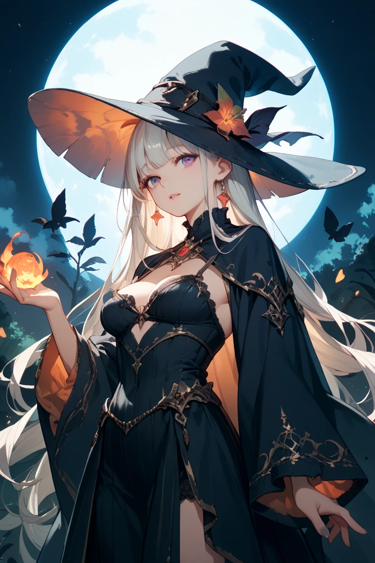 A witch with large breasts casting a spell in the forest. Lost of fairies and spirits around her watching the magic rise up. Pumpkins and mushrooms in the forest, spiders, spiderwebs, halloween, full moon, magic, wicca, masterpiece, best quality, dramatic lighting