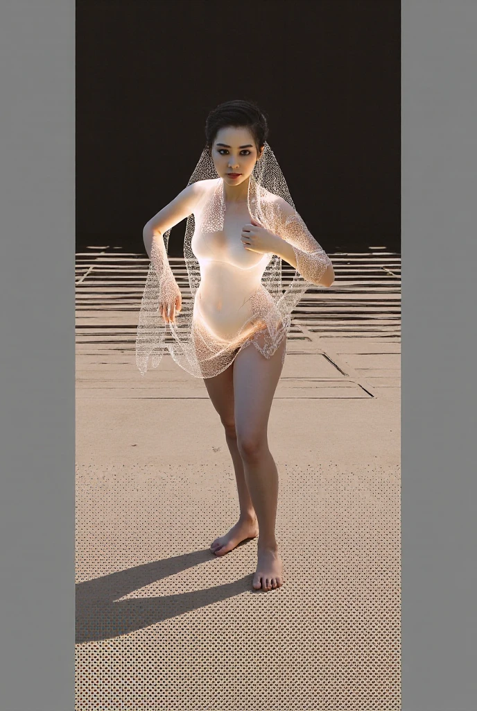 <lora:SalumiWorld:1.0> (SalumiWorld:0.7) 1woman (dress transparent and bikini:1.3) walking in the (white light cyber city:1.2), <lora:more_details:1>