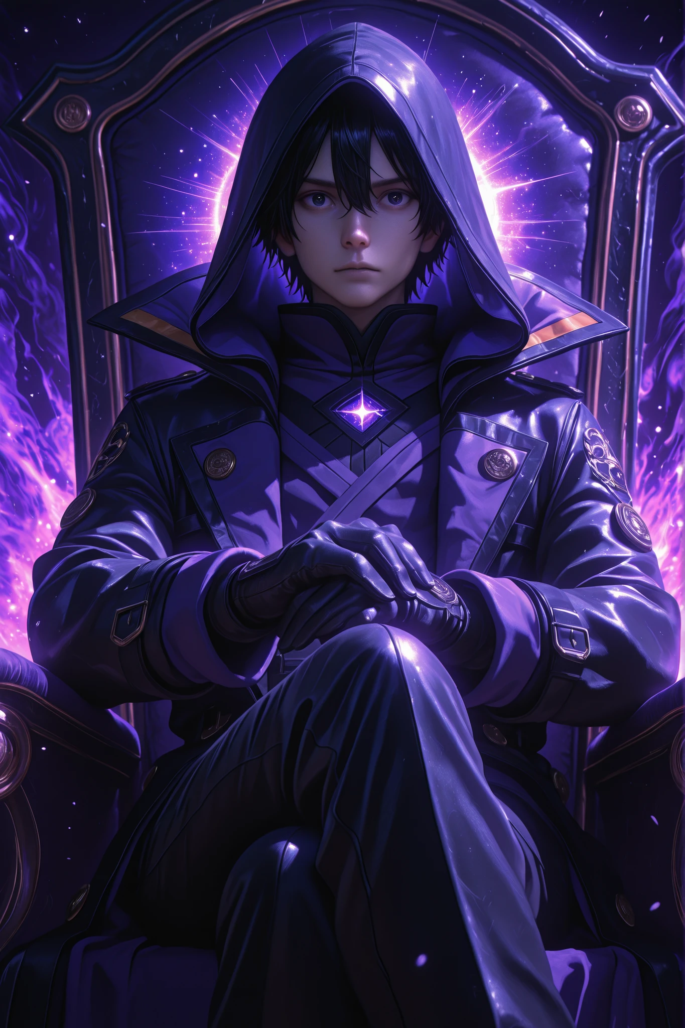 cid kagenou \(Eminenece in Shadow\), black hair, 1boy, hair between eyes, male focus, black eyes, wide eyes, gloves, long sleeves, black gloves, hood, coat, black pants, hood up, black coat,
Hype4realistic, Realistic, Ultra-Realistic, 748cmstyle, close up, looking to the viewer, sitting on a throne, hands on throne's arm, crossed legs, Eyes with a reflection of stars. Eyes with a deep Red glow. Eyes with a rainbow-like sheen. Glowing purple smoke envelops the surroundings. Glowing purple particles. A tranquil, dark landscape illuminated solely by the ethereal glow of countless stars above dust particles. Fantasy style, vibrant colors, and dramatic lighting. A glowing dark purple light positioned close to the foreground radiating a mysterious aura. Ambient occlusion. Masterpiece, best quality, amazing quality.
