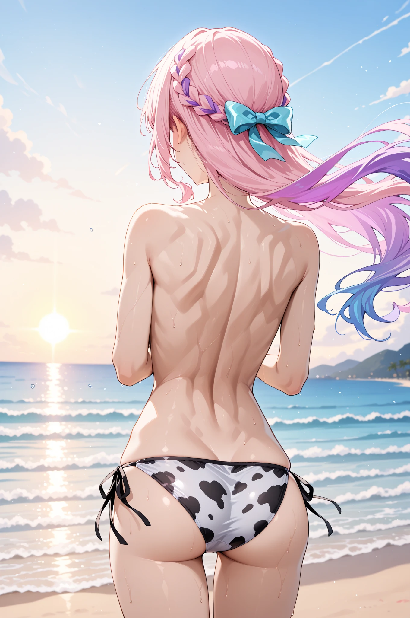 1 girl, (medium breasts))), (((wearing short bikini))), (long pink hair), (((blue eyes))), thin arms, (on the beach at night with starry sky and moon blood full), (slim waist), (((muscular legs))), muscular belly, bare feet, (((showing her big ass to me))), (full body photo), (Double tails), Long Eyes , eye flare, bad mood, anime, anime style, ray tracing, flare, drop shadow, panorama, Sony FE, 8k, UDisk, master piece, accurate, anatomically correct, Super Detail, best quality, ultra high resolution, Hard Udisk , 16
