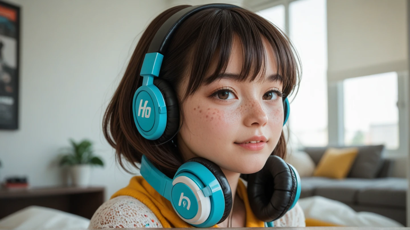 Russian child girl long dark hair straight, put on headset and change to a cyberpunk yellow but do not change the face, gray background. --auto --s2