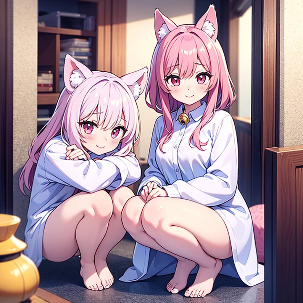 Highest quality, masterpiece, detailed, One person,(Single), small,cute,blush,smile,(Sundress),Long Hair,Cat ear,(Fox tail),(White futon), sitting on a futon, Spread your legs, Hands behind back, (From below), Japanese-style room, night, darkness, Perfect Legs,barefoot, nsfw, White panties with a pink ribbon