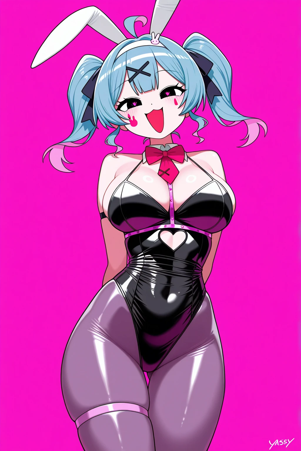 breasts, 1girl, animal ears, large breasts, pink hair, bow, rabbit ears, pantyhose, playboy bunny, thighhighs, fishnets, purple eyes, white hair, yellow eyes, wrist cuffs, navel, hood, bikini, swimsuit, long hair, blunt bangs, black bikini, bowtie, fake animal ears, open mouth, black leotard, underboob, nontraditional playboy bunny, leotard, black bow, blue bow, strapless, smile, cropped legs, rabbit tail, blush, detached collar, blue background, cleavage, black bowtie,<lyco:ManyakisStylev2:1>