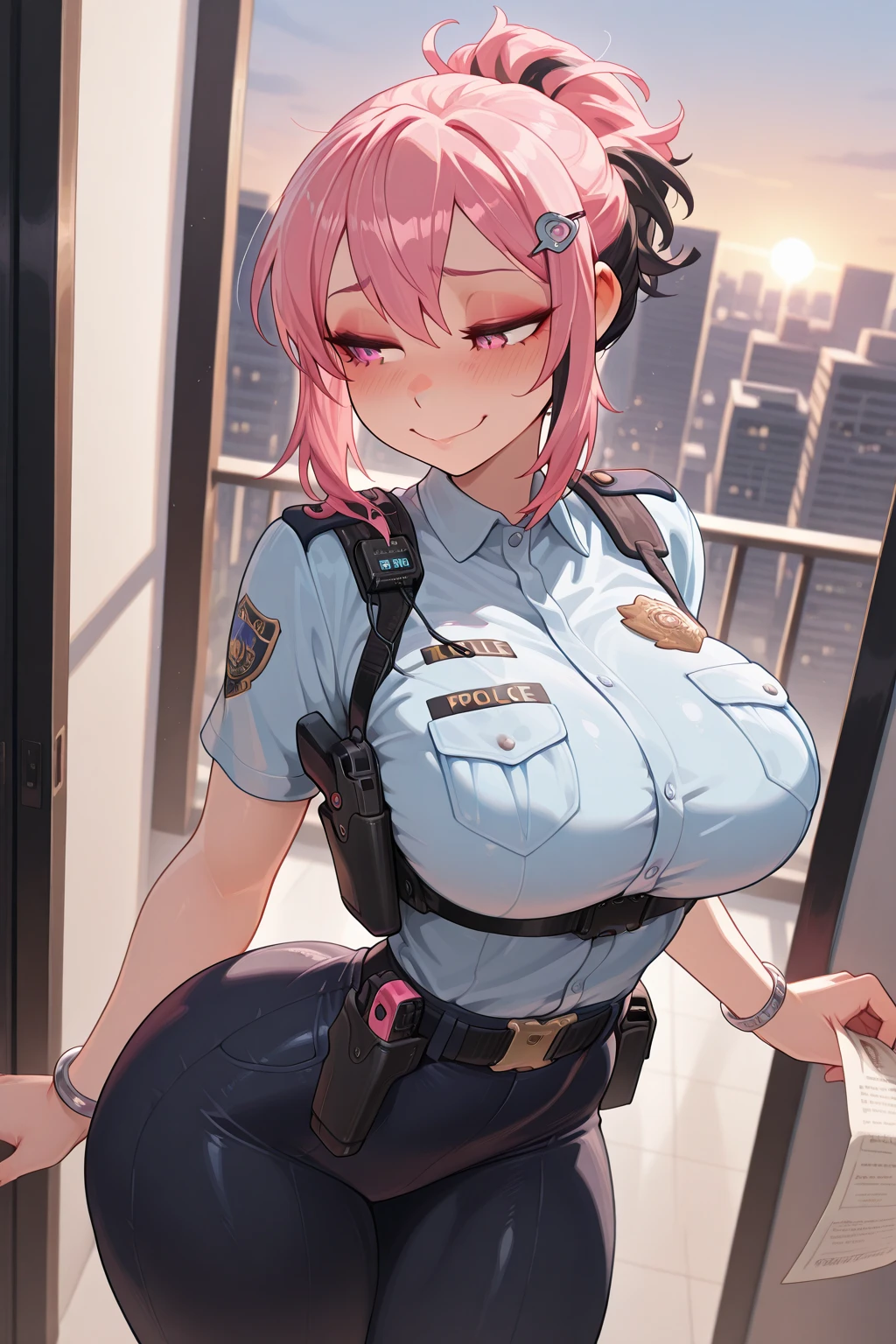 big lips, pink hair, pink eyes, cara japonesa Ahegao, improve, improve grin, two sides up, huge breasts, Wide hips, sexy, detailed,  room, Hits, Ahegao, kawaii, police pants, police, GOOD,police costume, police shirt,  choker, police pants, police shirt,navel piercing,ropa interior,huge breasts,use glasses 