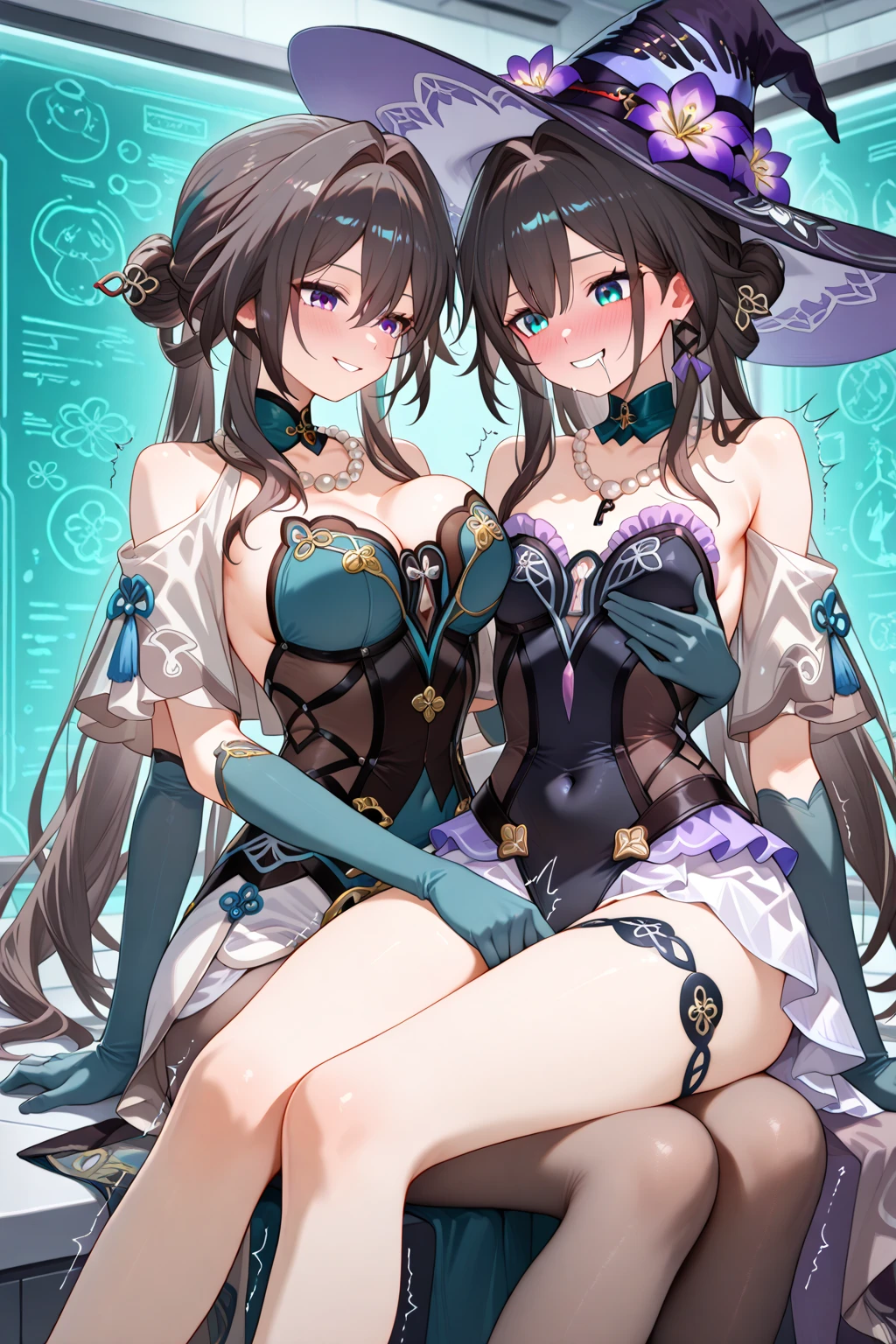 masterpiece, best quality, detailed beautiful face and eyes, 2girl, Cute Idol, Cool Idol, Event Stage, Cool idol costumes, sings, a smile,