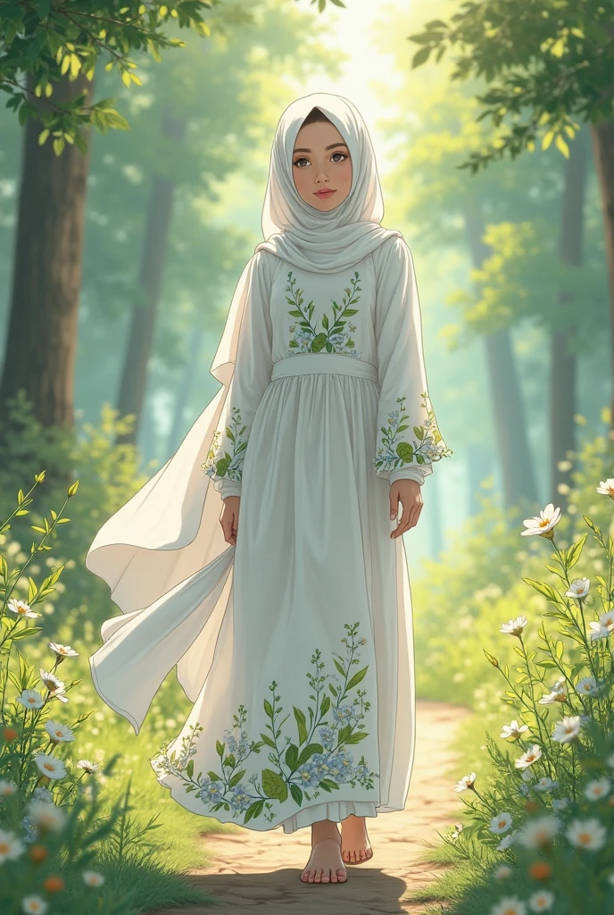 girl muslim with hijab clotes in a forest with floating flowers, river, puffy, puffy cheeks, cute,
vibrant colors, colorful art style,
soft lighting, soft shadows, detailed textures, dynamic lighting,
nice hands, perfect hands,