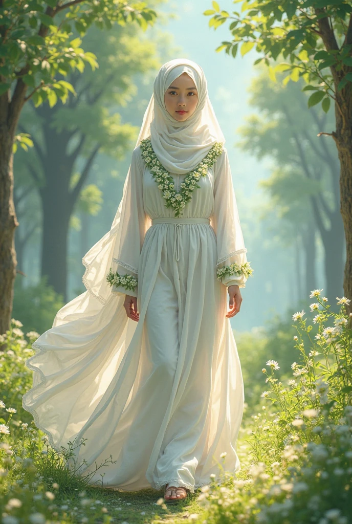 An adult girl wearing a hijab shawl wears a long black dress like flowing water made of chiffon, wears white shoes, is in a place where lots of weeds grow, the flowers are white, and there is a tree whose fallen leaves are red. . smiling while holding white flowering wild grass.