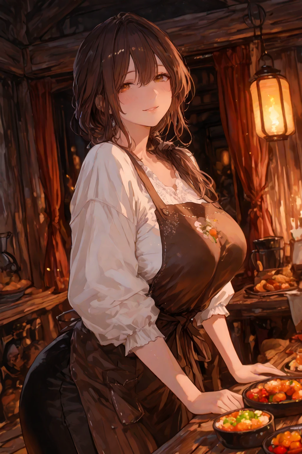 (perky chest:1.2), (pointed chest:1.2),(farmhouse entrance:1.3),(((Red Tunic:1.3))),(((apples and bread in the basket),Cute and beautiful girl,Cute round face,Cute smile,with blush cheeks,Red Lip,solo, looking at viewer, open mouth, have a cute grass of cute beergrass,black hair, dark green eyes, dress, bare shoulders, jewelry, collarbone, sidelocks, hairband, earrings, indoors, off shoulder, sweater, arms behind back, plant, short hair with long locks, gild hairband, off-shoulder dress, sweater dress, off-shoulder sweater, black sweater, dark gord hair, big side hair, very long side hair,is rendered in (masterpiece: 1.2, best quality), with (ultra high resolution) and an exquisite (depth of field). ,(Bangs are see-through bangs),hair pin,hair adornments,detailed clothes features,Detailed hair features,detailed facial features,(Dynamic angles),(Dynamic and sexy poses),clothes that emphasize big breasts,Cinematic Light,(masutepiece,top-quality,Ultra-high resolution) ,(The 8k quality,Anatomically accurate facial structure,),(Sea Art 2 Mode:1.3),(Image Mode Ultra HD,)