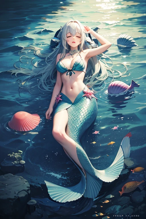 ((masterpiece,best quality,ultra-delicate,Perfect Face,16k,high resolution,very beautiful girl)),gold Long hair,mermaid,blue scales,large breasts,Little Mermaid,Seashell bra,Princess Tiara,Pearl decoration,jewel decorations,Undersea background,under the water,smile