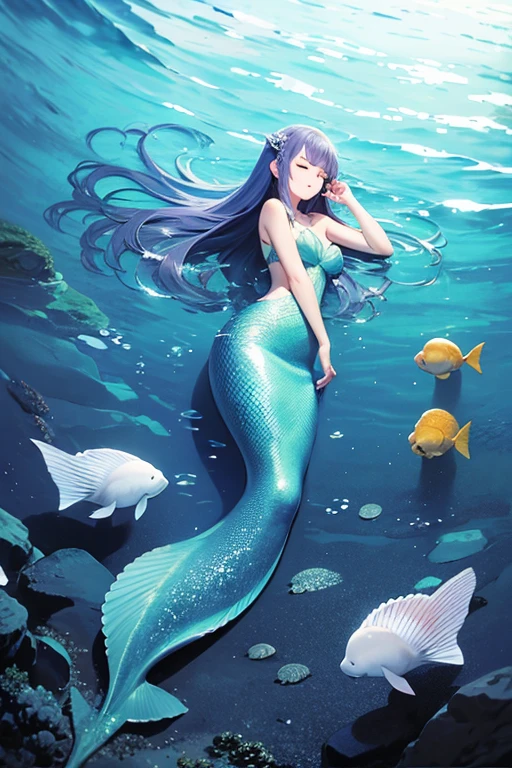8K，Exquisite，masterpaintings，High detail，Semi-realistic，1个Giant Breast Girl，（mermaids：2）（fish scales：1.8），（Cinematic CGI，Professional Quality，8K分辨率，high-definition，wide wide shot，Lighting style：Cellar lighting，len Brown，super detailed and realistic）The scene depicts an aesthetic underwater environment，Mainly Cthulhu-style beauties lying on the reef。Her dark green hair turned into the tentacles of jellyfish，A ray of sunlight shines on her face with a combination of the Tyndall effect and diffuse reflection。Girl with WeChat on her face，Liu Yifei，The camera focuses on the girl's facial features。a backdrop of：Scattered around are perfectly shaped mermaids，Huge sea serpents and deep-sea fishmen loom in the distance。Chaotic seaweed，Blood rose from the bottom of the sea。