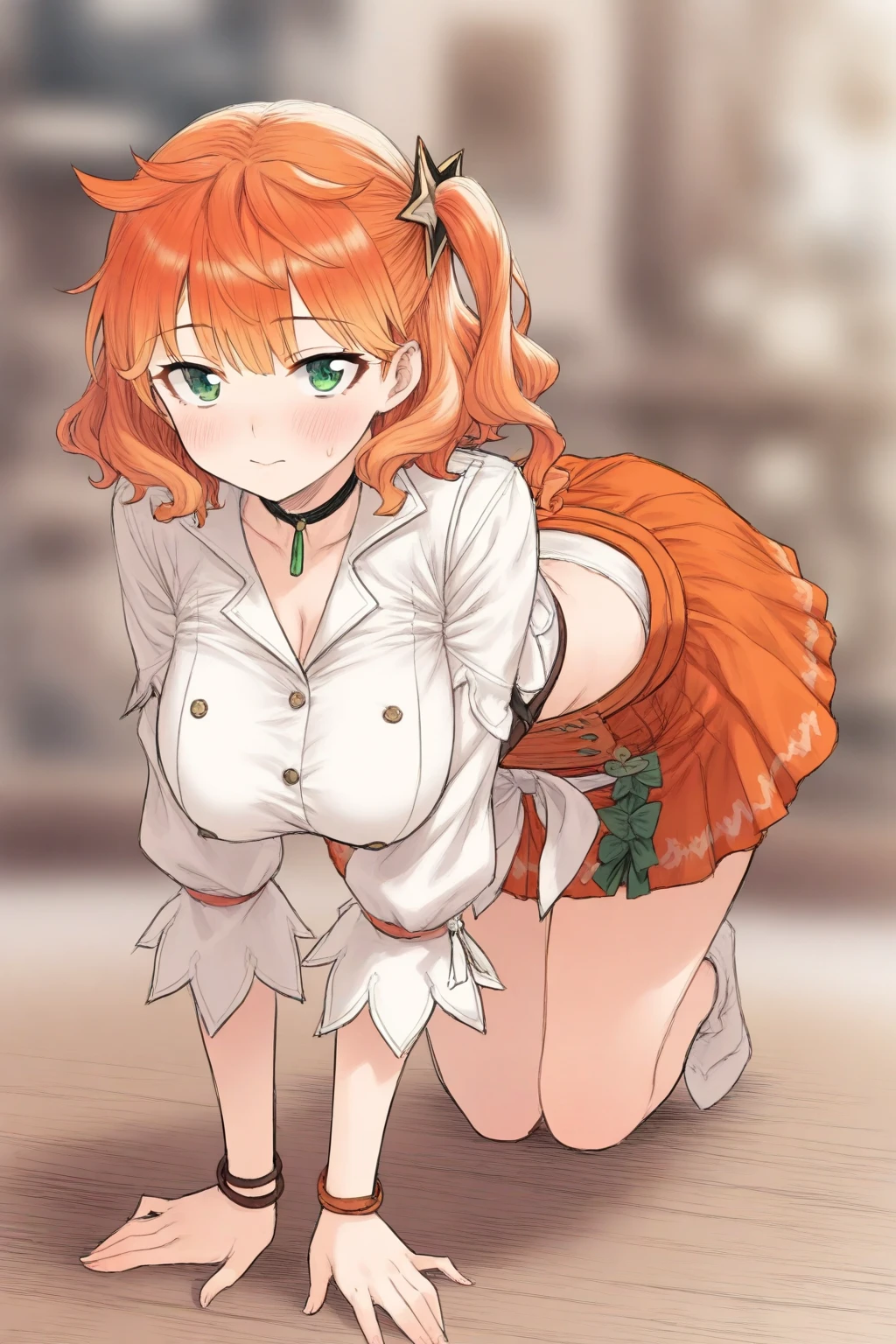 best quality,high quality,masterpiece,solo,(((lingerie maid))),(orange hair),Nakano Yotsuha,short hair,dark blue eyes,green hairband,green bowtie,grab broom,((black string bikini)),embarrassed,blush,delicate skin,large breasts,seductive thighs,white knee socks,at outside garden,belly button,skin glow,sensitive,see through breasts,pussy juice,squatting,spread legs,trembling with sexual climax,show off pussy,pubic hair,pussy hair,under hair