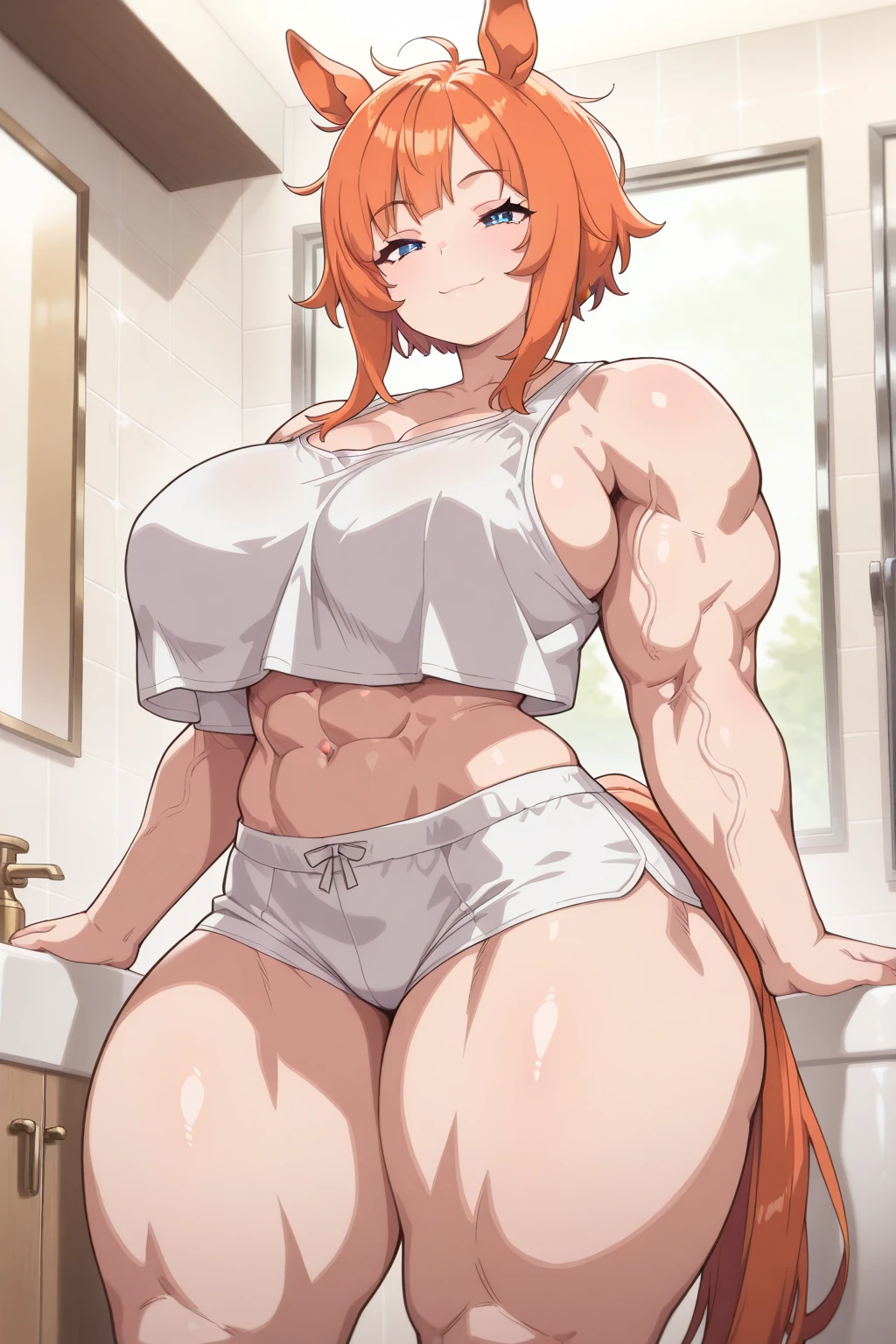  Futanari, penis longer than head, penis thicker than arm (((muscular toned body large breasts thick))), ginger hair, ponytail, big breast, big thighs, Blue eyes, bedroom, naked, squatting,squat,stretched( spread legs:1.2), arm support, full body, red face, embarrassed, penetration, x-ray