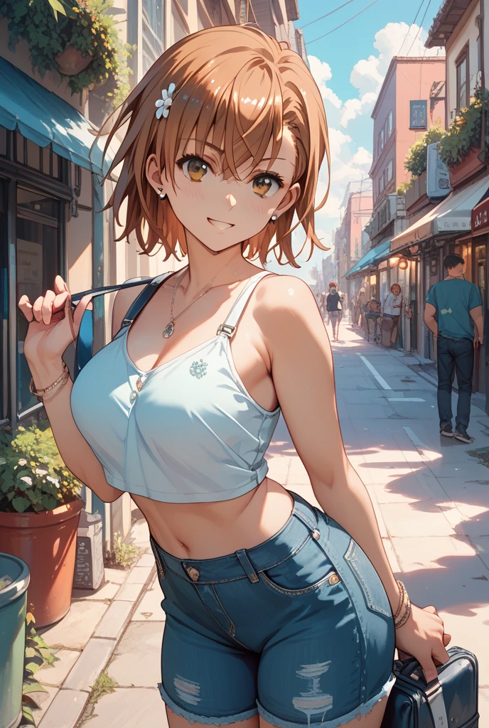 NFSW, Tabletop, Highest quality, High resolution, woman, , City Street, sunlight, blue sky, whole body, detailed aspects, DetailedWoman, See the details in action, finger details, Leg Details, Large Breasts, BIG ASS, [Pink camisole], Very short denim hot pants, bionde, Erect nipples, Dressed, Sweat, Speak your heart., Excited face, walk, Obscene, blush