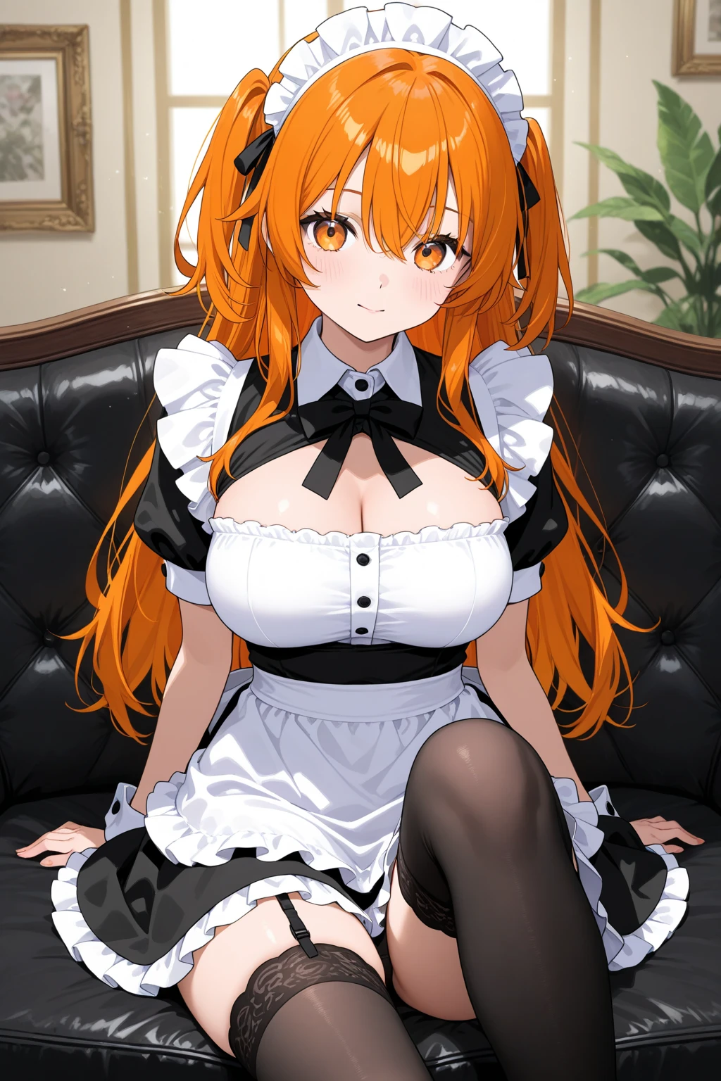 /draw apron orange_hair green_eyes breasts breasts_out couch dress female frills gloves highres koruse large_breasts long_hair looking_at_viewer lying maid maid_apron maid_headdress no_panties original solo gloves black pantyhose lifts her skirt and shows her ass in pantyhose HD UHD HQ
