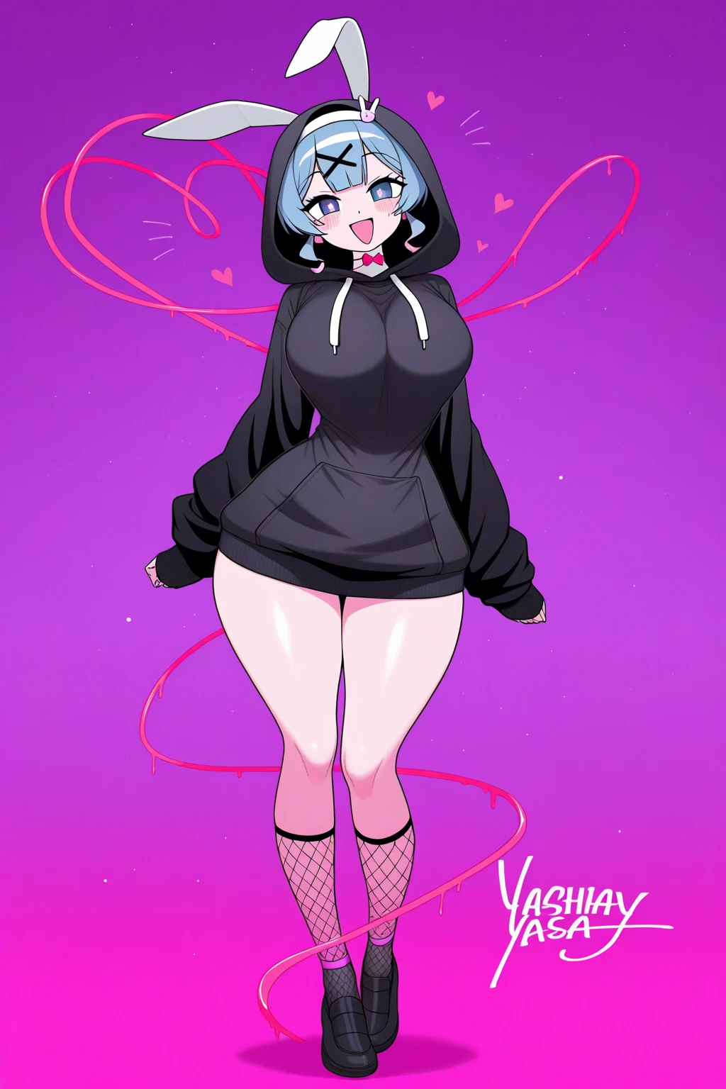 (masterpiece:1.2), (best quality:1.2), (fullbody:1.2), (cowboy shot), (perfect eyes:1), (perfect face:1), (perfect lighting), (perfect thighs), (perfect boobs), (28 yo woman), expressive face, white hair, pink eyes, animal ears, black sweater, grey stockings, innocent smile, sfw, closed eyes, waving