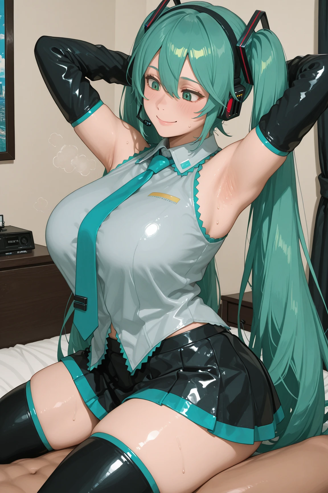 Masterpiece、Hatsune Miku VOCALOID、Twin tails、Big Breasts、Latex bodysuit、High heels、whole body、(blush:1.3)、8K、Highest quality、