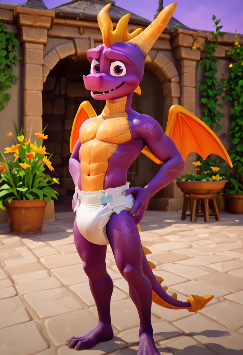 ((Spyro)), male, solo, anthro (dragon), adult, muscular, detailed background, ((bedroom)), natural pose, underwear, white briefs, bulge, correct hands, smile, cute, embarrassed