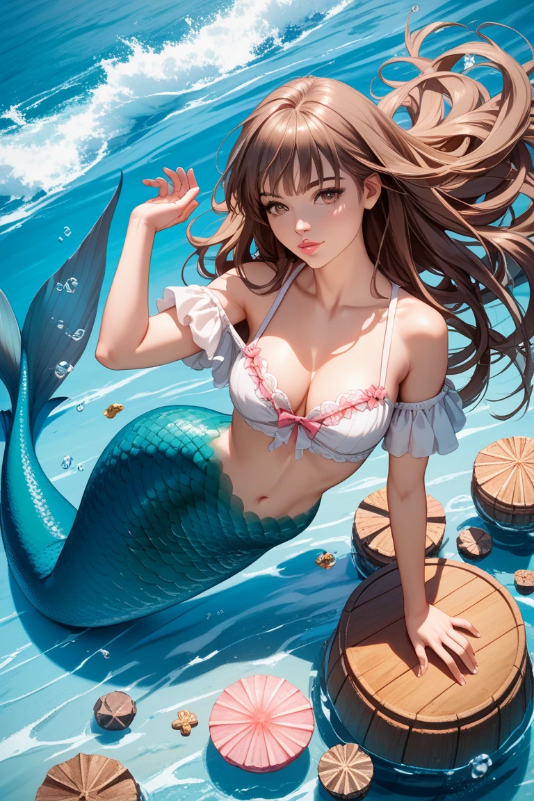 (masterpiece, highest quality, ultra high res, ultra detailed:1.3), 1 cute (mermaid:1.4) girl, ideal ratio body proportions, brown medium hair, (rainbow color scales:1.2), under the water surface, scales covered chest, bare stomach, 