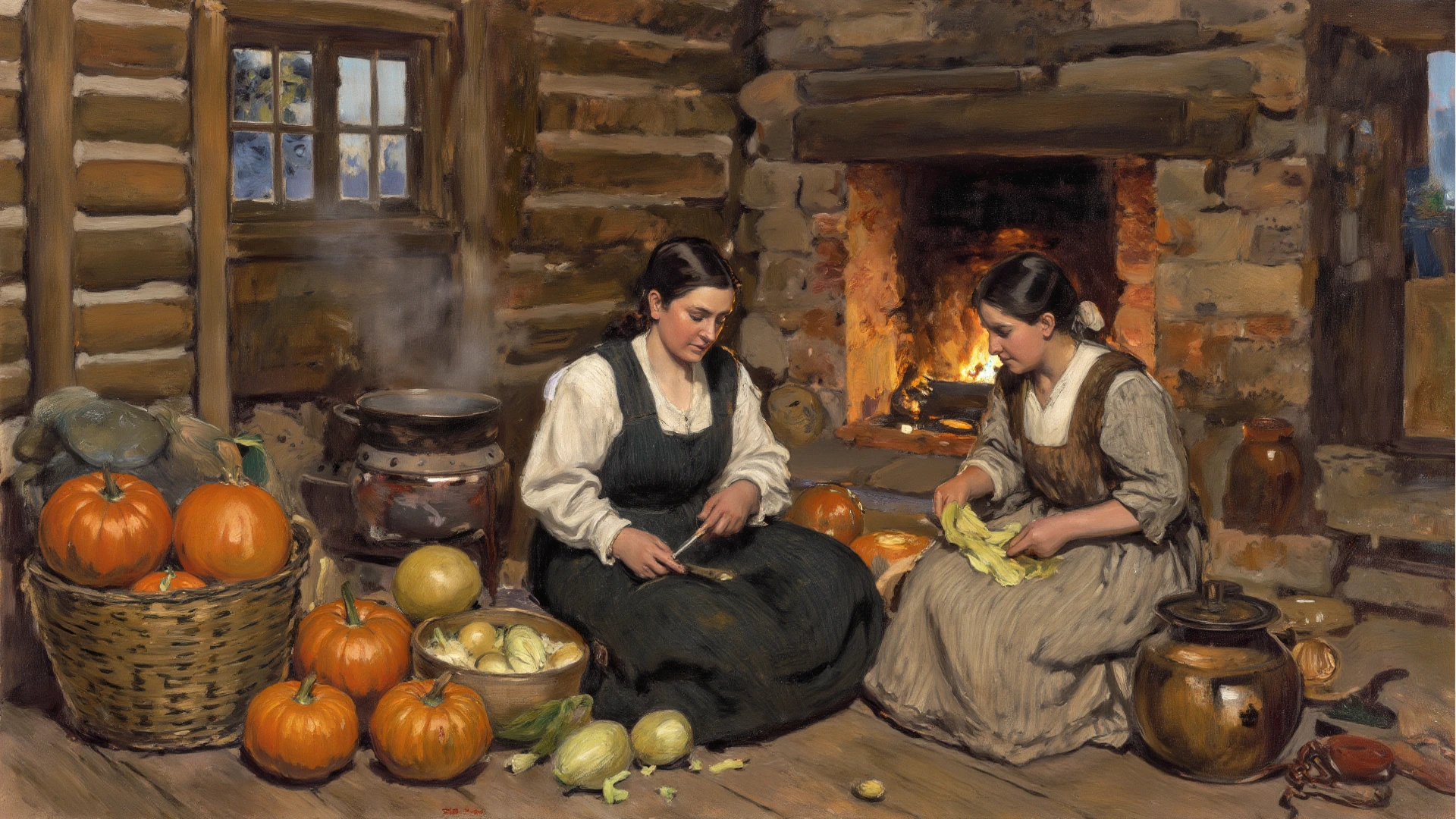 Two very poor old women from the 18th century, in a cottage kitchen, dressed in rags revealing their breasts and pubes, tenderly engaged in intense lesbian seduction.