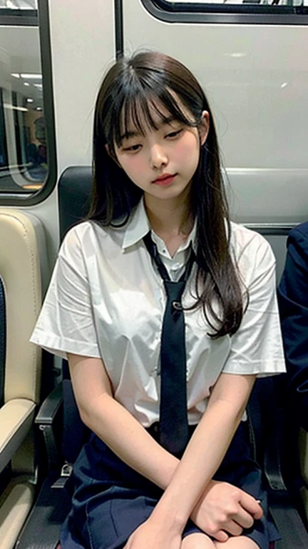 Of Japanese10Teenage Girls。A round face with plump cheeks makes you look young。The eyes are slit and long.、expression is dark。The mouth is large、The lips are thick。Wearing a simple black suit。Not a pantsuit、Black tight skirt。He wears a white curler shirt under his suit。Accentuates natural, large breasts。Shirt buttons3More than one open。No undershirt is worn under the curler shirt。Nipples are visible through the fabric。Her hairstyle is a ponytail with bangs and long sideburns.。Tied with a red ribbon。Wearing a scrunchie on her left wrist。Train seats in the background。Sitting in your seat、Her legs are open so wide you can see her white panties.。