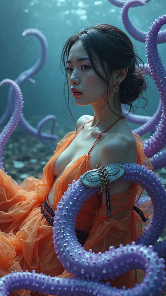 ((masterpiece)), ((Highest quality)), (Very detailed),(In the cave),(monster),(((Many tentacles wrapped around the body))),Asian Women, One girl, alone, (white girly dress),((Many tentacles bind his arms)), ((thinウエスト)),, slim, thin,Beautiful brown hair, Beautiful Blue Eyes, (Beautiful Eyes), Long Hair,Troubled expression、Long hair with wicked curls、Photorealistic