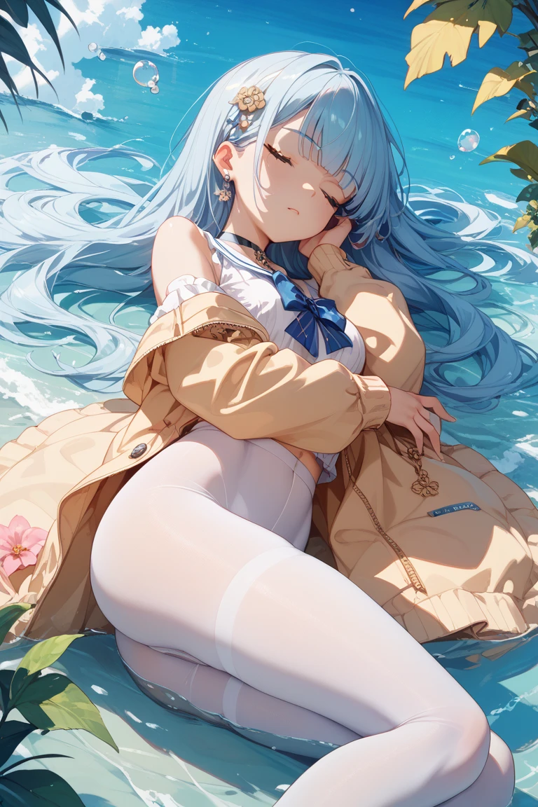 masterpiece:1.2, high quality, 最high quality, clear null, null, Ocean, barefoot, Plump and firm legs、Glare, blue eyes, Gray Hair, Blue inner hair, Twin tails, Hair Clip, hairpin, Lean back, good, Shoot from above, 1 Girl, digest, Full body shot best quality, 1girl, sailor uniform, blue bloomers, cute, perfect body, Japanese actress, North River style, studio background, full body