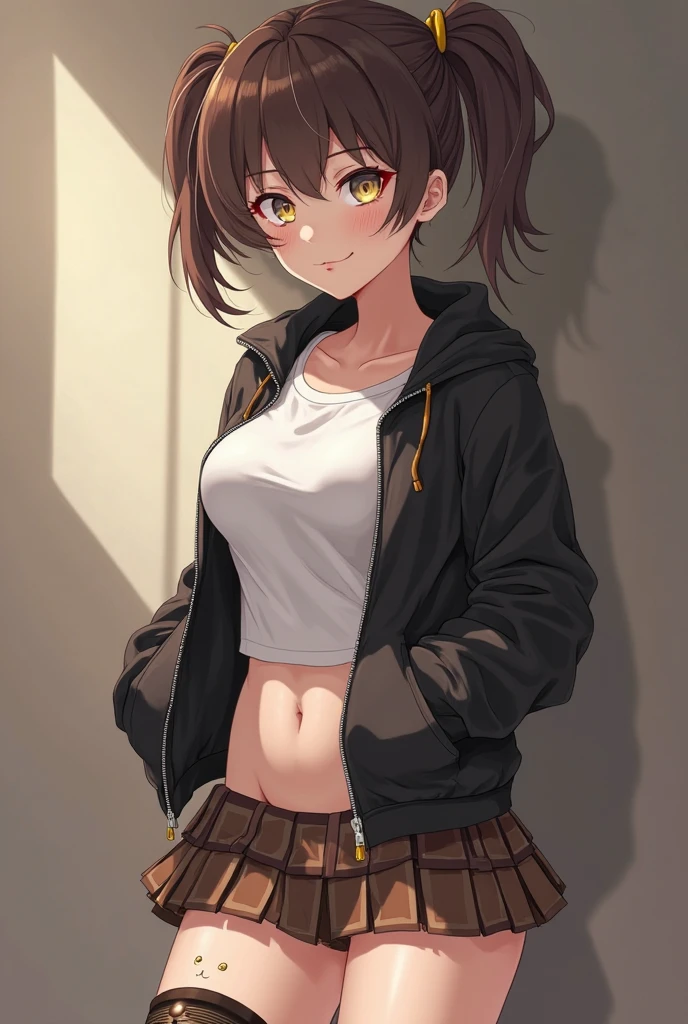1girl, beautiful NobaraJK, long_sleeves, hood, hood_down, hoodie, skirt, smile, cropped_hoodie, navel, crop_top, nail_polish, stomach, black_hoodie, black_skirt, midriff, pleated_skirt, volumetric lighting, best quality, masterpiece, intricate details, tonemapping, sharp focus, hyper detailed, trending on Artstation, <lora:NobaraJK:1>