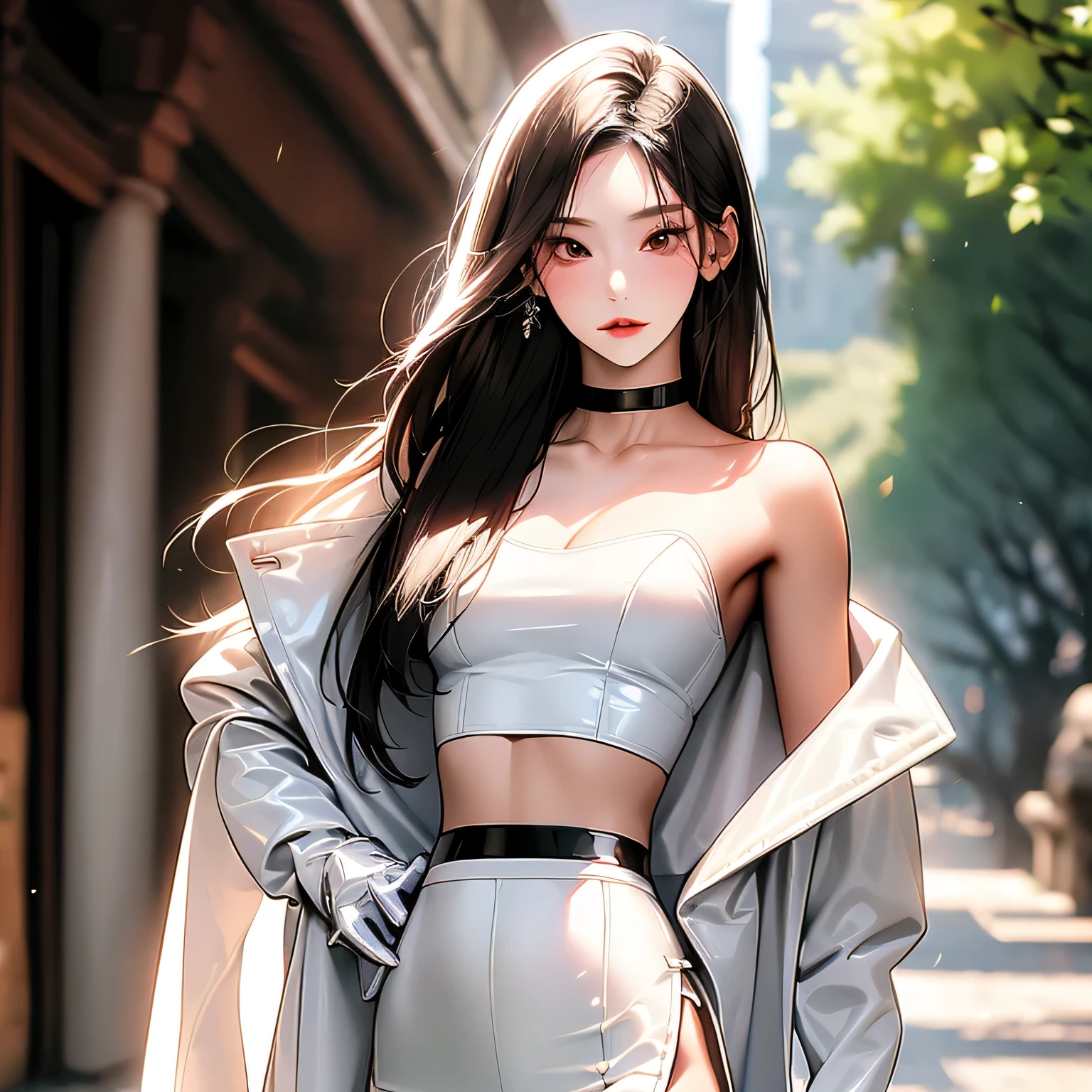 ((masterpiece, best_quality)), 1girl, (photorealistic:1.4), solo, white_background, black_hair, long_hair, zettai_ryouiki, skirt, ((full_body)),