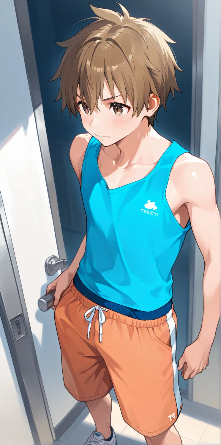 nsfw, undressing, shirtless, sketch, one girl, solo, master piece, super fine illustration, highest quality, particles of light, ultra definition, underwear, (locker room), (expressionless), locker room, nsfw, (gonzo) ), (Dutch angle: 1.2), voyeur, from above