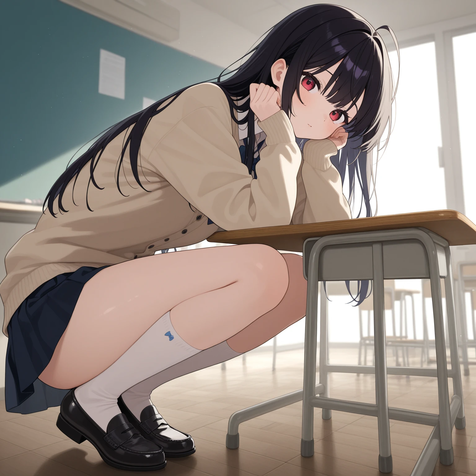 、black髪、Semi-long hair、Pale purple eyes、Head to toe full body、Blushing、Embarrassed look、Composition from the front、A view from slightly below、Sit facing forward、No shoe-shaped legs、squat、Spread your legs in an M shape、Grab my leg、、、blazer、White blouse、Navy blue ribbon、Short pleated skirt、White panties、black pantyhose、(black_pantyhose):1.2)、White panties are visible、bedroom、Inside the room、Daytime、Panty shot、Staring at the audience、Thin legs、Thin thighs、Slim toe、Squatting on the stairs