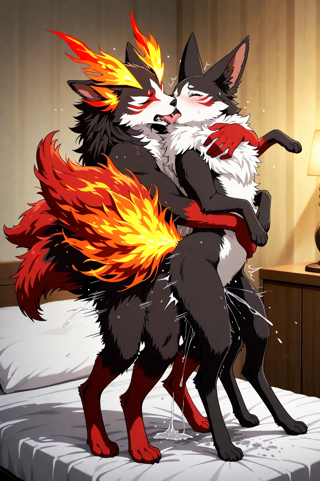 adult,white white tiger,long hair,Bed Background,술에intoxication,intoxication,naked,penis,ninja costume,gray scarf,anal sex,Smiling face,tough,lying down