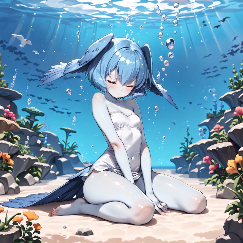 Anime, 20 years old, 1 girl,flat ?????,dark skin, tan,(Jellyfish girl:1.2), red eyes, arms behind back,under the water, silver hair, very short hair, {{blue highlights in hair}},blue barrette, ???????, ??????????, completely ????, ???????????, spread ???????, spread ?????, {{{vulgarity}}}, jallyfish in ?????