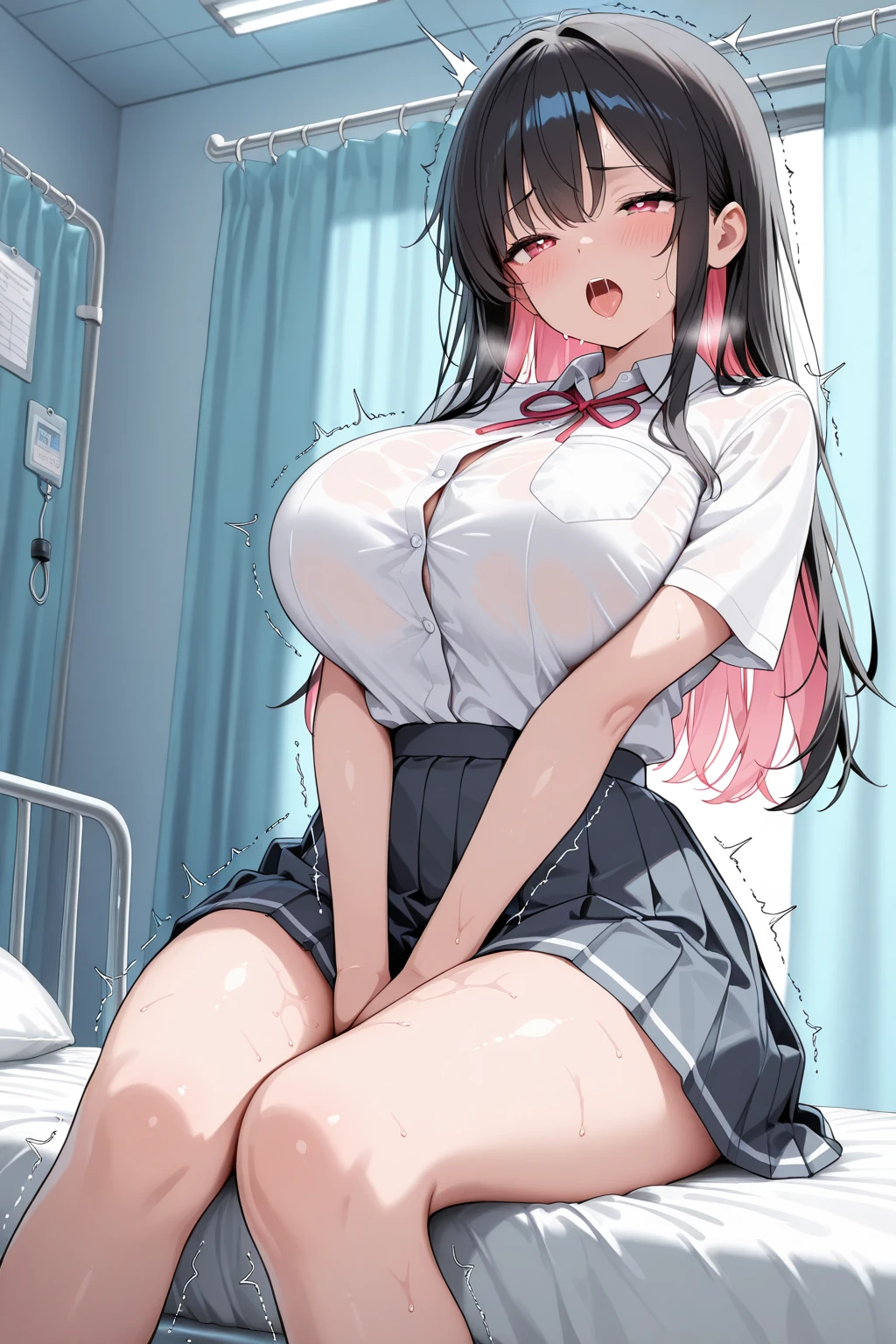 ((nurse)),(white skirt),White panties,1girl in, Solo,(A MILF), (((mature female,adult woman))),masuterpiece, of the highest quality, ultra-definition, max resolution, A highly detailed, Clean skin,Large bust,blush,thong,(Mini skirt),From below,front view,squatting,one knee,((groin)),panty shot,Both knees are attached to each other.in hospital,cameltoe,