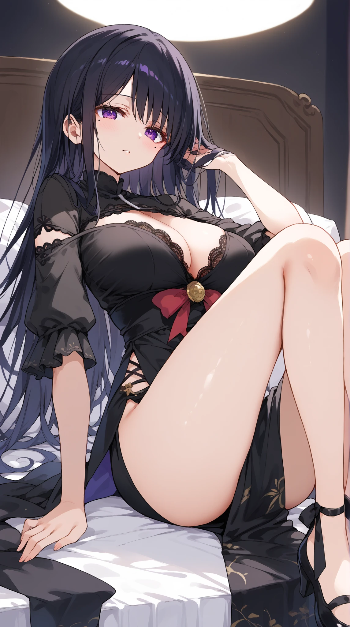 masterpiece,1girl,tohka_yatogami, solo, best quality, black bra, black panties, nsfw, cleavage, lace trim, garter straps, black thighhighs, classroom, sitting, look at viewer, lingerie,
