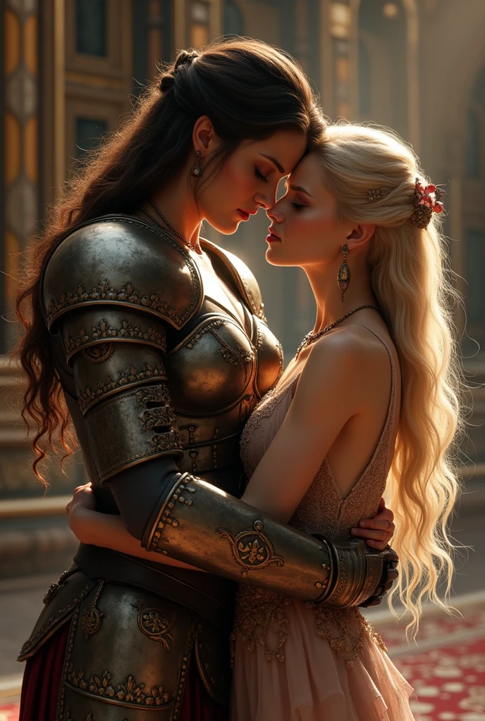 (((two girls))) ((Bella Thorne in gold and white armor and a gold and white cape)) sharing a tender and erotic (((NSFW))) moment kissing and hugging with ((Zendaya Colman in red and black armor with a red and black cape)) standing in front of a castle