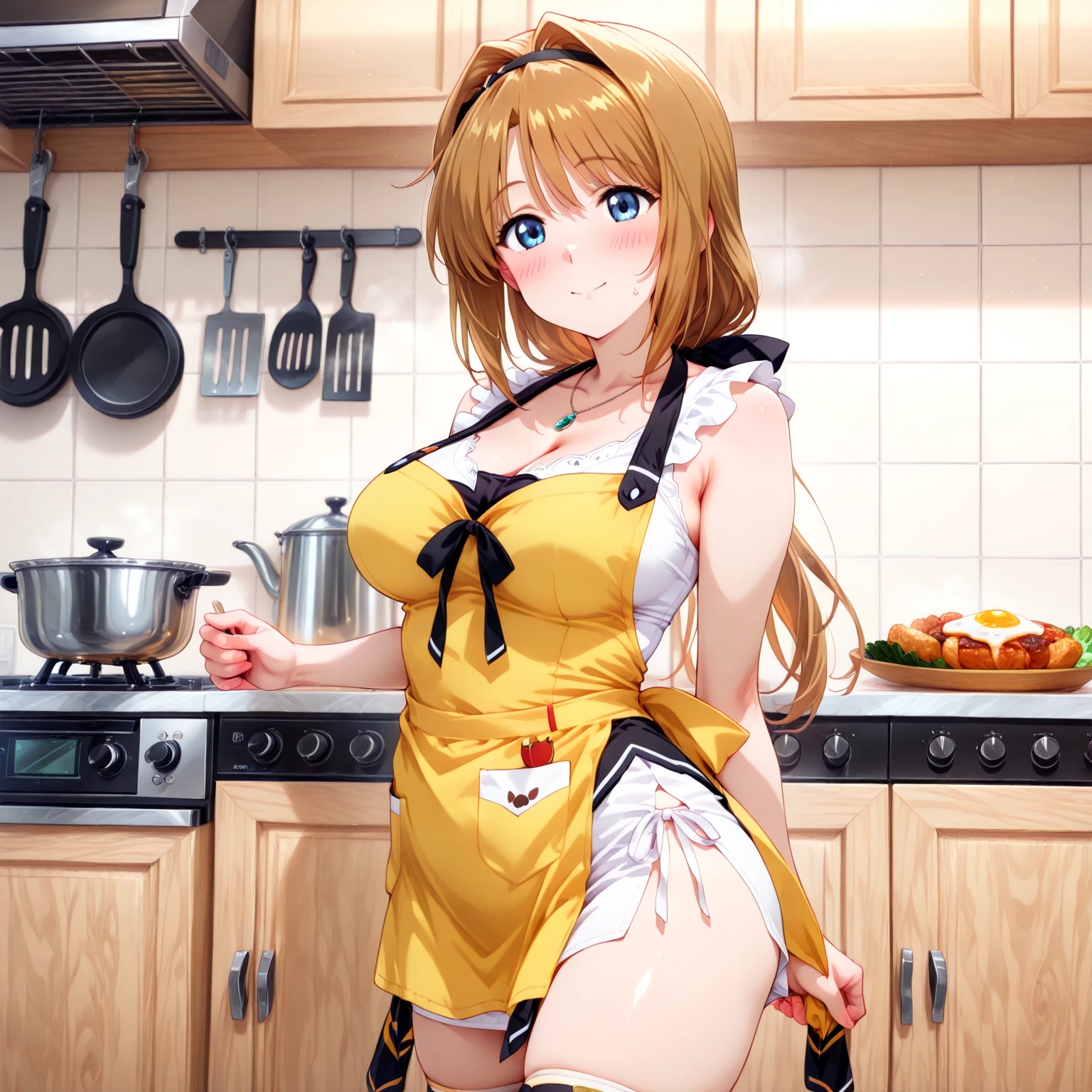 Roxanne Demin kin 1girl, solo, medium breasts, body position: standing, straight, symmetrical, barefoot, lustful smile on face with red blush, fluffy ears, dog ears, blonde hair