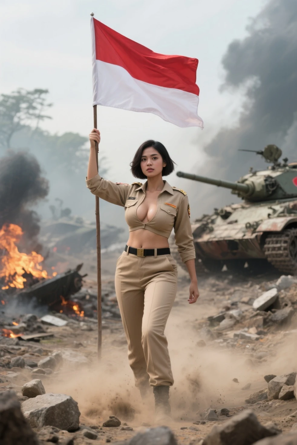 A wild and crazy Malaysian girl (age 25), hijab, no hair showing, wearing skull and crossbone bikini, is shooting a rocket launcher at a police tank.