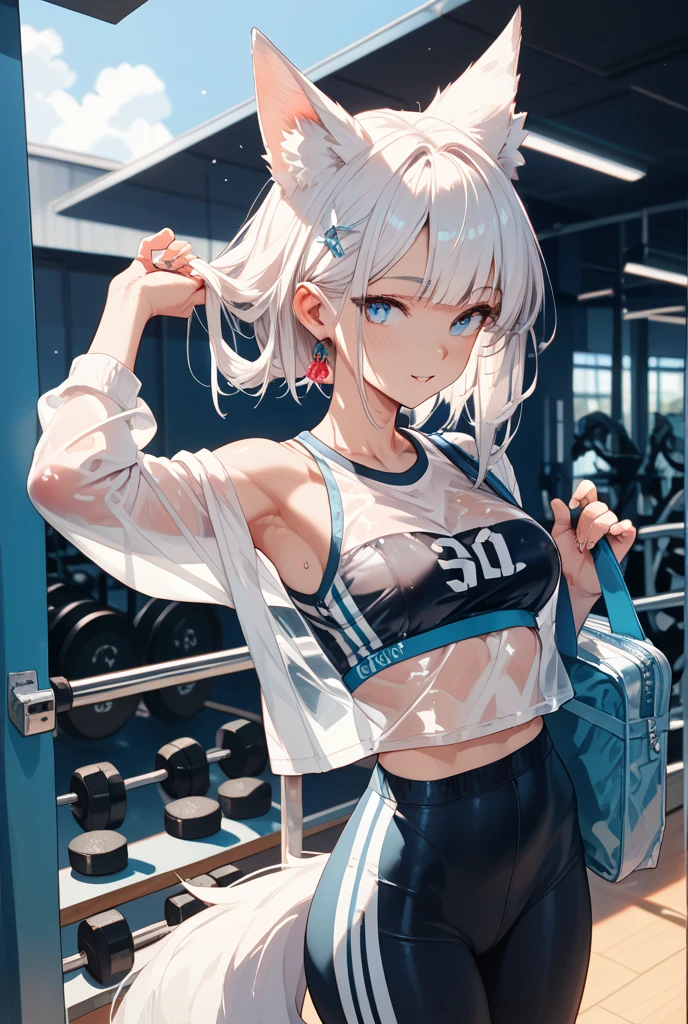Silver Hair、blue eyes、girl、Small breasts、Twin tails、girl、Small breasts、Lolita、Bright smile、Looks about 15 years old、Petan Musume、He is short、目のhighlight、Sexy thighs、Wearing gym clothes、Sweating、Showing armpits、Your eyes are so beautiful、highlight