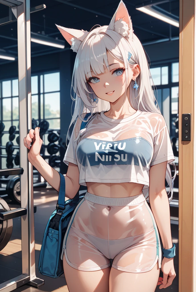 A woman wearing only a T-shirt, Indoors, fair skin, (highly detailed:1.1), (Thick thighs:0.8), (white hair:0.9), (Wearing nothing at bottom:1.2)