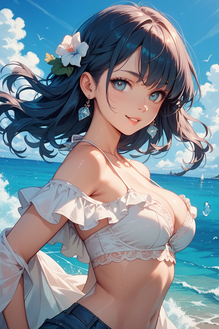 (SFW:1.8、masterpiece, Highest quality),女の子1people々々々, 一people々々々in, Absurd、Draw clear boundaries、hyper Realistic, Realistic,Realistic, Looking at the audience, Light brown eyes:1.4,Brunette Short Bob Hair with highly detailed shiny hair:1.6, 美しいbangs:2、魅力的なbangs:2、bangs:2、Beautiful dark blue detailed design bikini:1.8, See-through bikini:2、Lepangas:1.4), Mouth closed, Upper Body、big chest eye、eyelash、{Hugeな|big chest|Hugeなな|Mega} whole :2, chestの谷間:2、(((Add highlights to the eyes:1.4、big chest eye、Short Bob Hair、Glowing Skin:1.4、Looking at the audience、She is very 美しい and cute、Show me your ears、Beautiful long neck:1.8、smile、Close your mouth and smile:1.5、bangsと美しい歯)))、Ideal body type、((Blue sky background with very beautiful clouds:2、A beautiful summer landscape with clear blue skies and floating cumulonimbus clouds:2、Very beautiful deep blue sky background:2))、Beautiful long neck:1.6、(({Huge|big|Hugeな|Mega} chest, chestの谷間:2))、(((美しいbangs:2、Portraiture:2、Face close-up:2、Face close-up:2)))、Perfect Anatomy、people々々々々Beautiful paintings that make you feel happy:2、自然in快適な照明, Hands on head, From the knee up