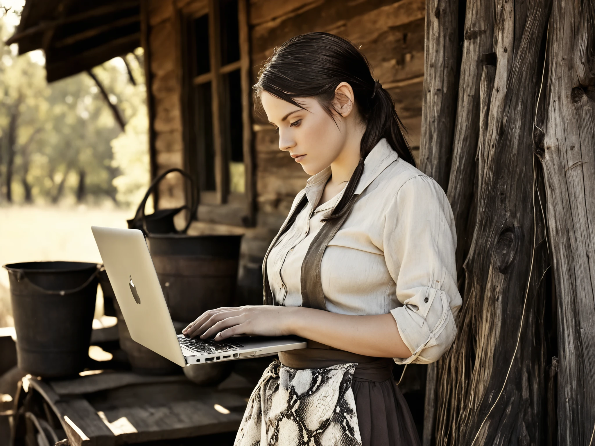 Main subject: modern young adult woman holding a MacBook (sharp modern laptop emphasized) and set a ((other large monitor with python code)) on a tree, casual outfit with subtle frontier touches (faded kerchief, light apron edge), slightly sheer work-style unbuttoned blouse with rolled-up sleeves and loosely tied bodice suggesting movement and soft curves, (wet breasts), skirt allowing motion, relaxed thoughtful expression, looking off-camera. 
(a working famer is behind her).
Contemporary look preserved but textures echo period fabrics.

Setting: late 19th century American frontier homestead, vintage silver gelatin print style—sepia tone, faded earthy colors, heavy film grain, scratches and creased edges, soft vignetting, slight blur, high contrast, golden hour rim light. Dense rustic elements: weathered fence, wagon wheel, cast-iron pot, hanging herbs, dried corn, quilts, wooden buckets, faded photos, rolling prairie, distant wagon. Background softly out of focus for depth. Natural skin sheen aged to analog texture, light leaks, fine scratches, subtle exposure irregularities. Nostalgic overlap of past and present, no explicit content.
