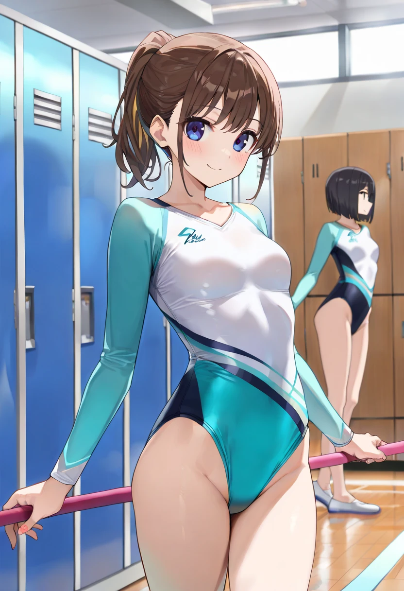 highquality illustration, masterpiece, very delicate and beautiful, attractive girl,(colorful leotard, heattech leotard,tight leotard,long_sleeve leotard,ribbed leotard,high_leg leotard,turtleneck leotard),purple hear,short hear, audience reactions,thin,slender body,slim,gymnasium,gymnastics club,2 girls,gymnastics athlete,bare legs,gymnasium background,gymnastics club,beautiful eyes, light smile,(masterpiece, best quality:1.2), highres, extremely detailed CG unity 8k wallpaper, perfect lighting, Colourful, ultra-high res,4K,ultra-detailed, photography, 8K, HDR, 17 ages, gymnastics athletes