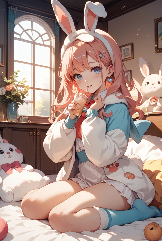 (:D:1.2),One girl. (masutepiece, of the highest quality, Kyoto Animation Style Illustration, of the highest quality, Official art, aesthetics, Beautiful details, :1. 2), BREAK, (17 years old girl), Very detailed, colourfull, highest details, BREAK, (medium breasts),(Orange Eyes:1.2),(girl, Cute, Graceful, Loli face,Pink hair,a short bob,tareme, gleaming skin, Hugging a stuffed rabbit, Playboy Bunny,(Suit Style, long lace white gloves, Black cardigan:1.1), High socks with pink and yellow stripes,Pink Bunny Years Hair Band,BREAK,(Holding a mug),Coffee,(one eye closed), Waving hands,Smile,(closes mouth),Leg Crossing,chair sitting sitting,Office Lady,Ponytail, Navy suit